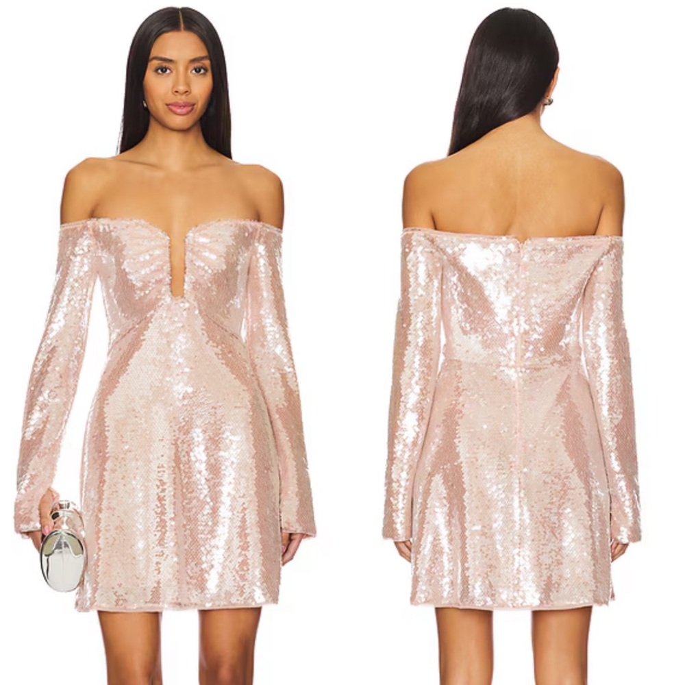 Self Portrait Long Sleeve Sequin Off Shoulder Mini Dress In Beige
